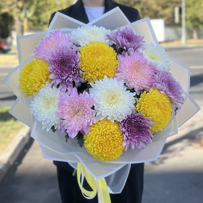 15 ярких хризантем MIX в упаковке
