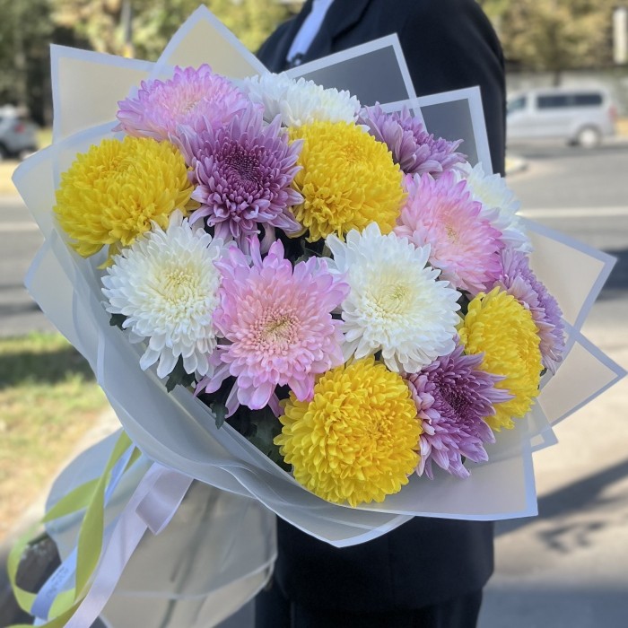 15 ярких хризантем MIX в упаковке