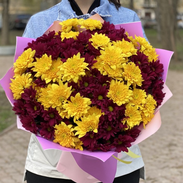 15 желтых и фиолетовых кустовых хризантем
