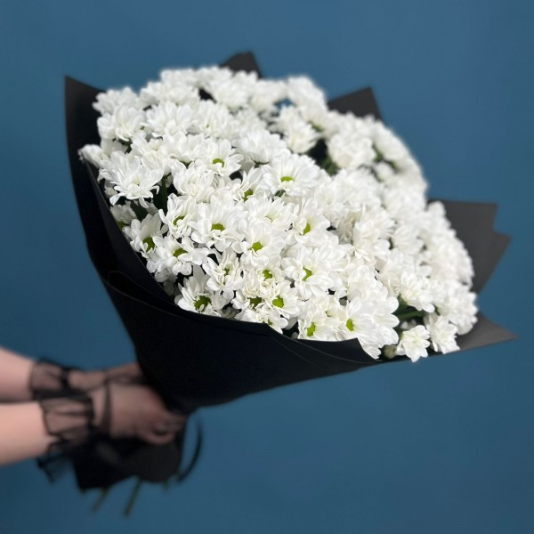 Траурный букет из 15 хризантем в черной упаковке