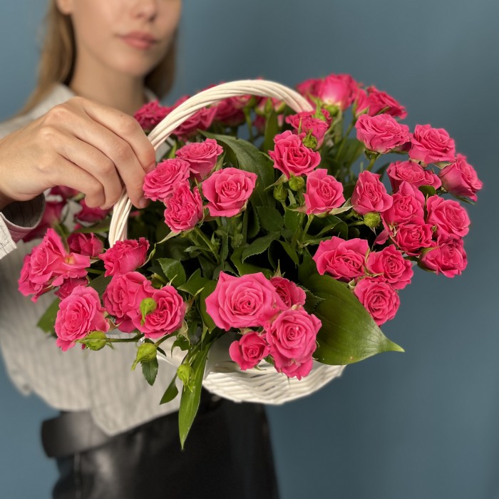 15 кустовых малиновых роз Глория в корзине