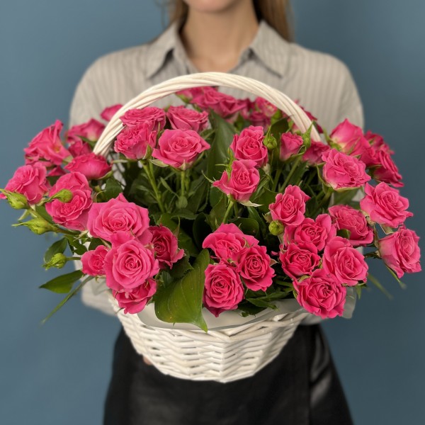 15 кустовых малиновых роз Глория в корзине