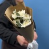5 белых гвоздик с эвкалиптом