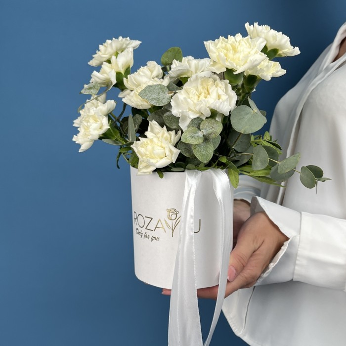 15 белых гвоздик с эвкалиптом в коробке