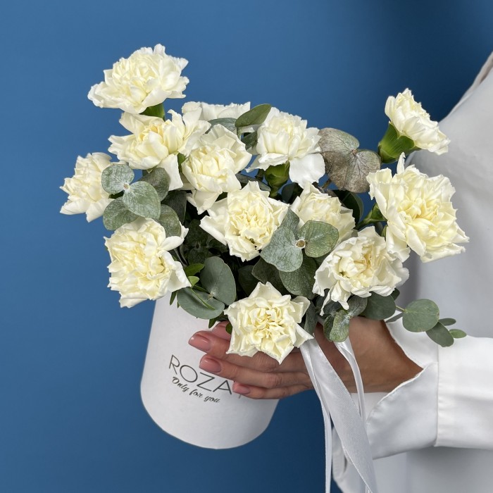 15 белых гвоздик с эвкалиптом в коробке