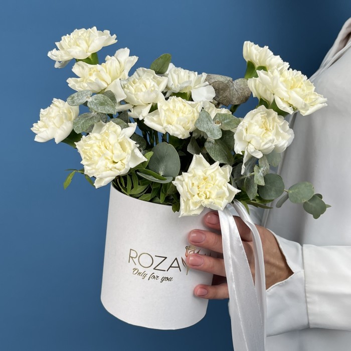 15 белых гвоздик с эвкалиптом в коробке