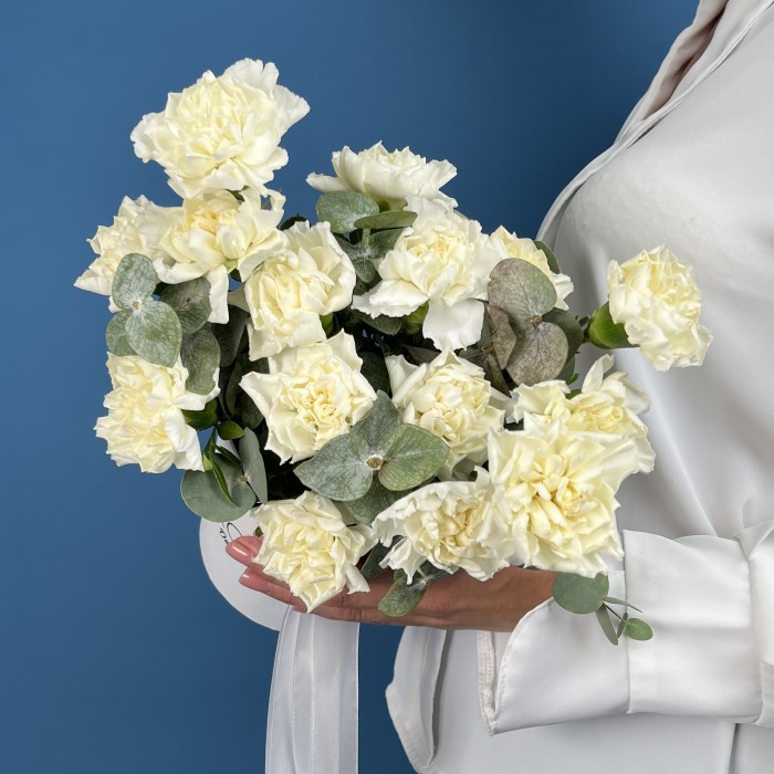 15 белых гвоздик с эвкалиптом в коробке