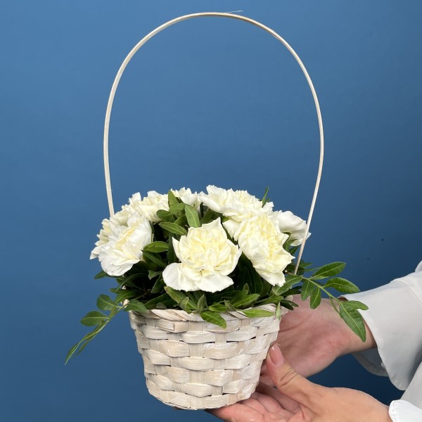 9 белых гвоздик в корзине