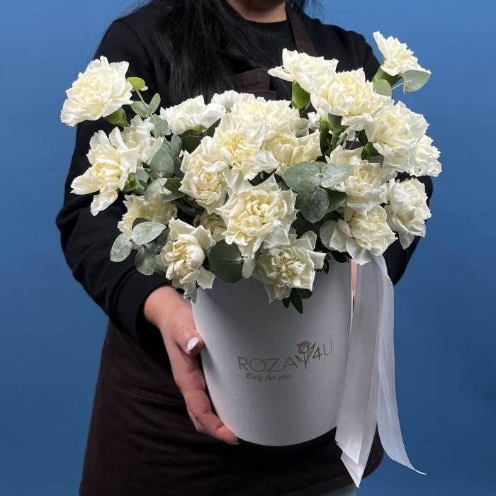 25 белых гвоздик в коробке