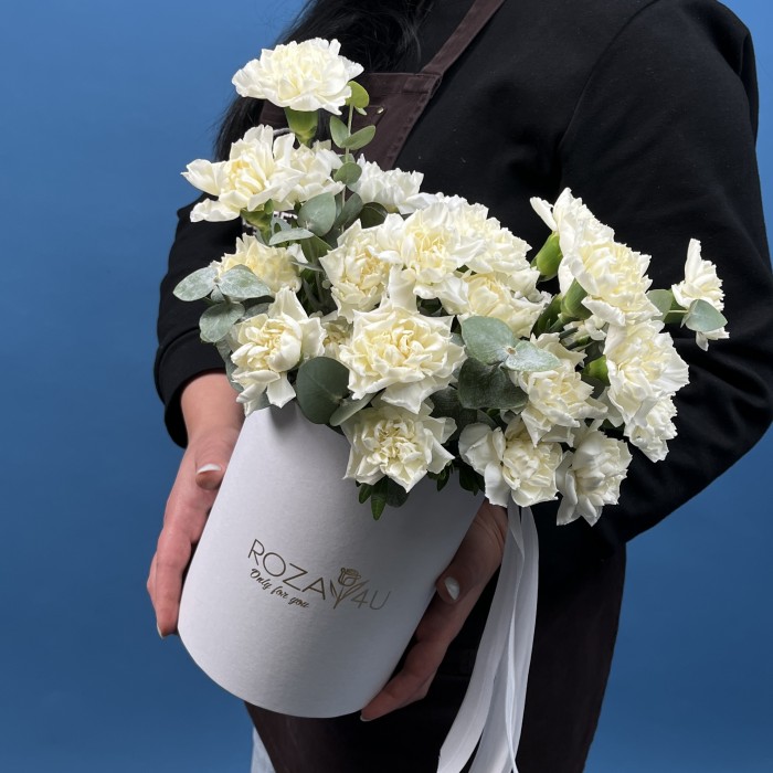 25 белых гвоздик в коробке