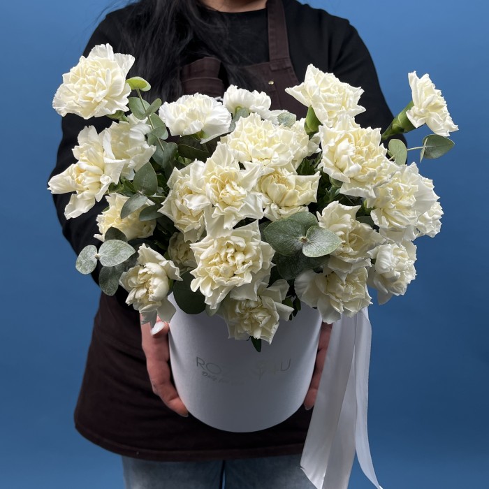 25 белых гвоздик в коробке