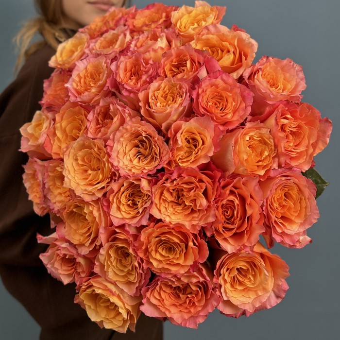 35 оранжево-розовых роз Фри Спирит 60 см