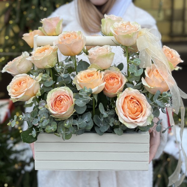 17 кремовых пионовидных роз Гравити в ящике