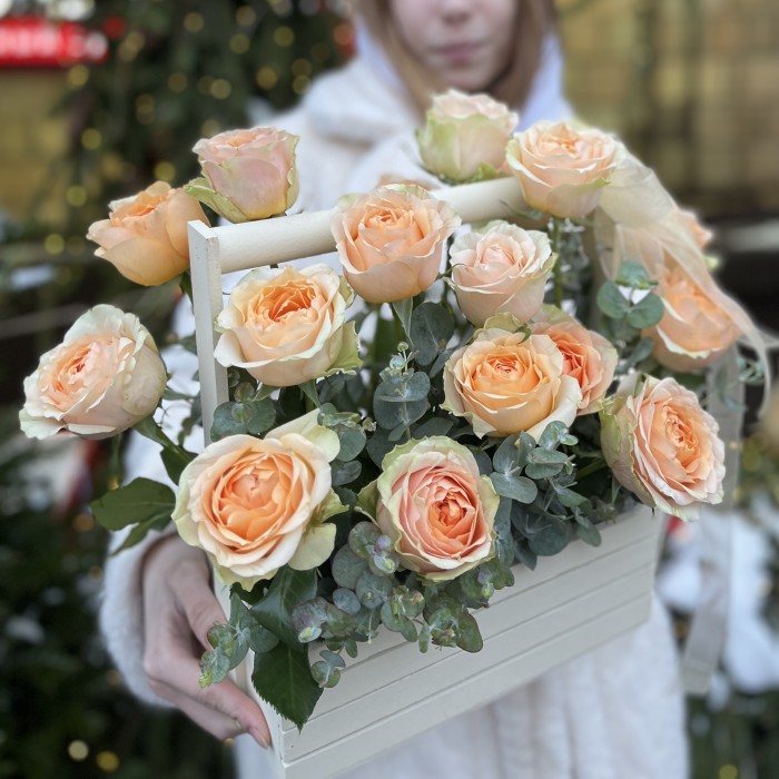 17 кремовых пионовидных роз Гравити в ящике