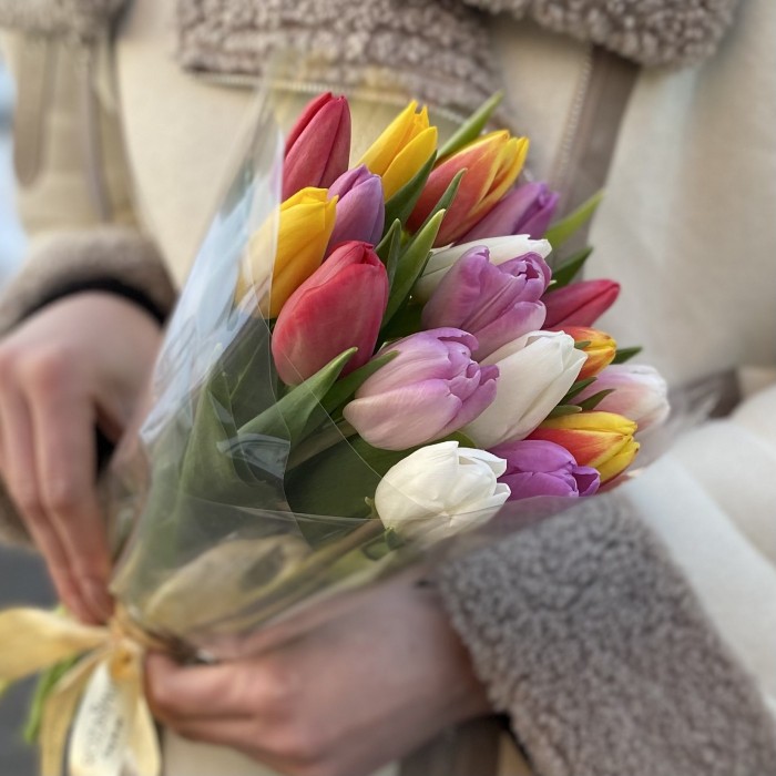 17 тюльпанов микс в прозрачной упаковке