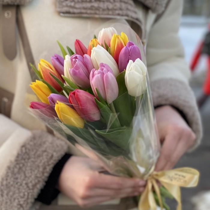 17 тюльпанов микс в прозрачной упаковке