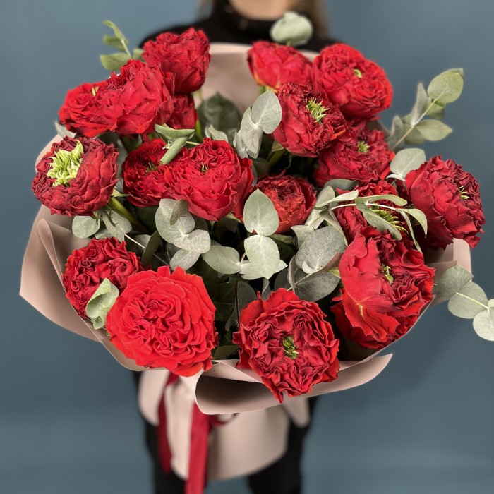 21  красная пионовидная Роза Ред монстер 50 см с эвкалиптом