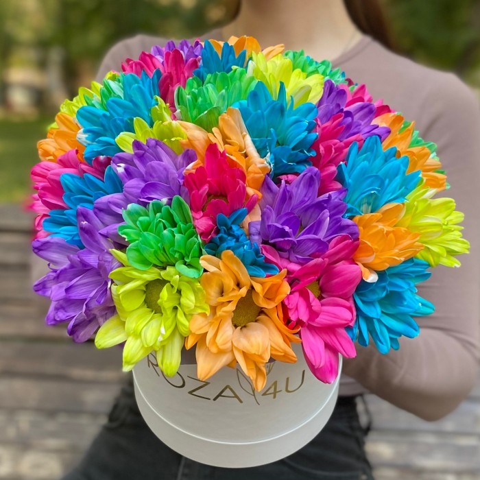 Белая коробка радужных хризантем