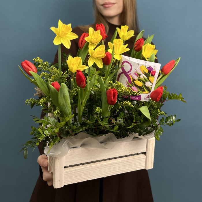 Цветочная поляна с нарциссами и тюльпанами 8 марта