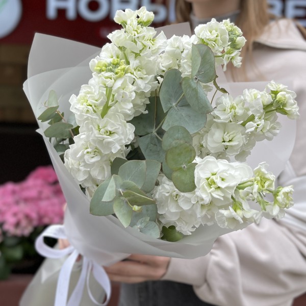 Букет из 5 белых Маттиол с эвкалиптом