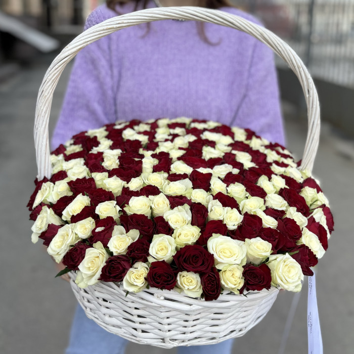 201 красная и белая роза в корзине