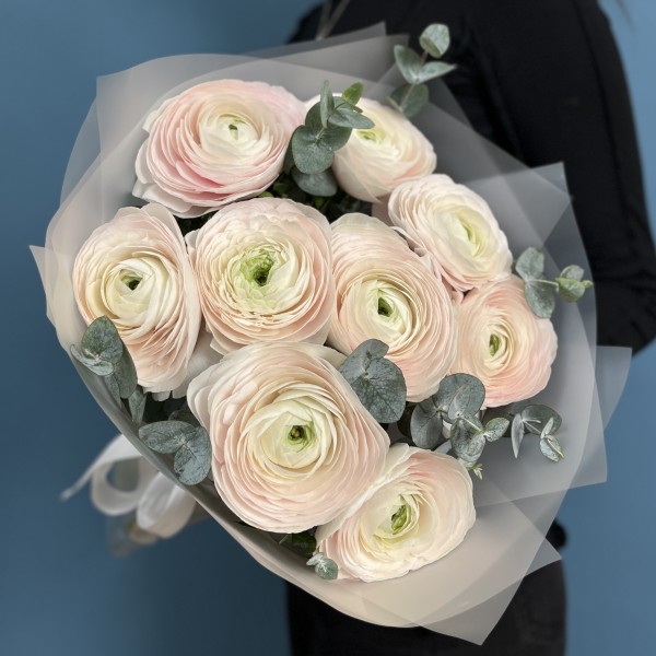 Букет из 9 бело-розовых Ранункулюсов