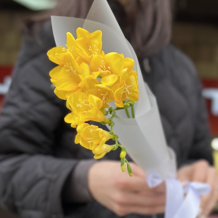 3 жёлтые фрезии в упаковке