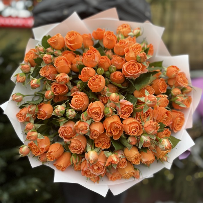 15 кустовых оранжевых роз Корал Бабл 50 см