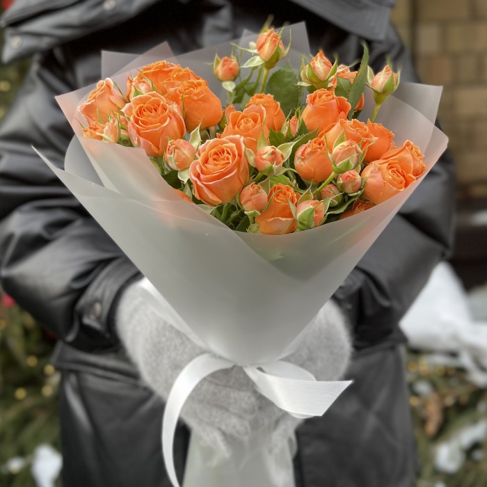 5 оранжевых кустовых пионовидных роз Коралл Бабл