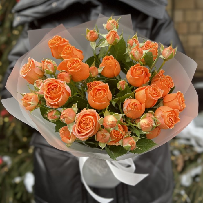 5 оранжевых кустовых пионовидных роз Коралл Бабл