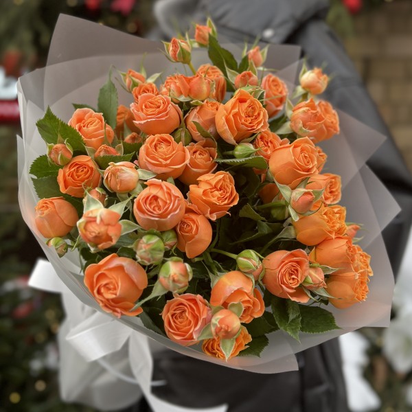 7 оранжевых кустовых пионовидных роз Коралл Бабл 40 см