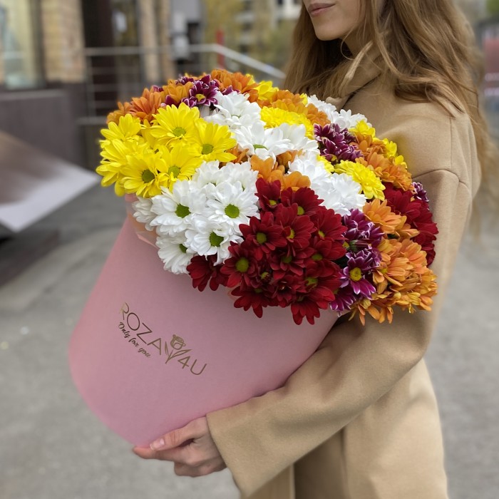 21 яркая кустовая хризантема в коробке