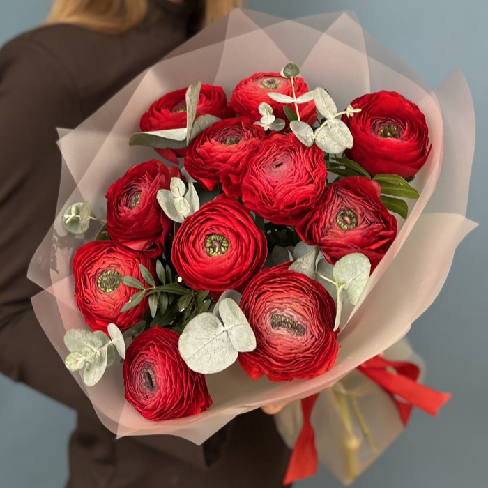 11 пышных красных Ранункулюсов с эвкалиптом