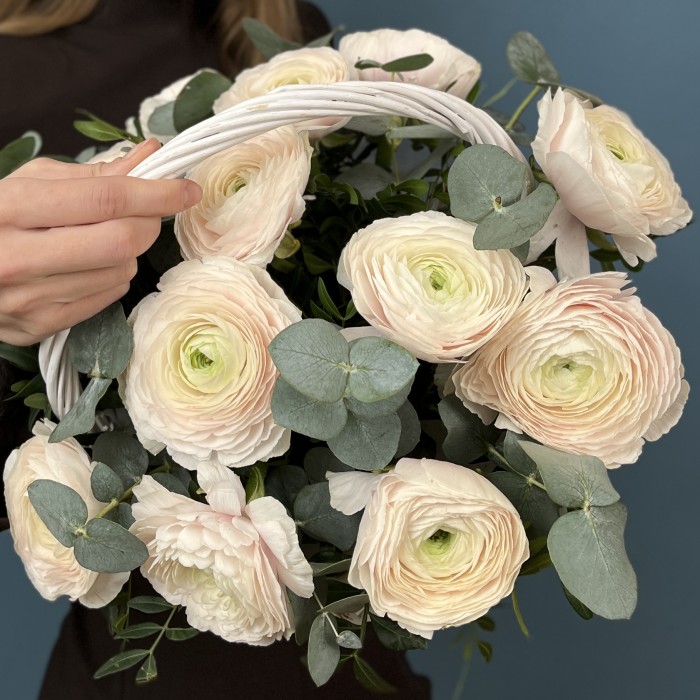 11 пышных ранункулюсов Ханой в корзине