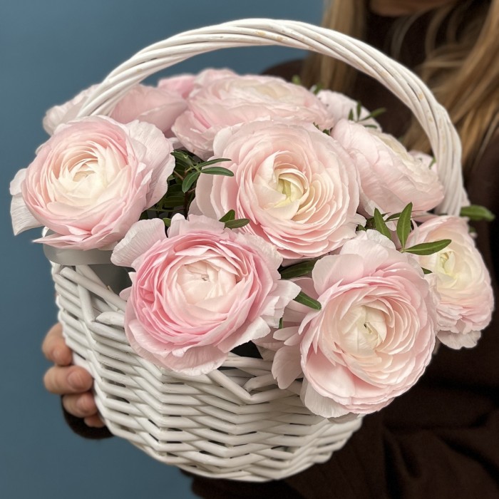 11 пышных розовых ранункулюсов в корзине