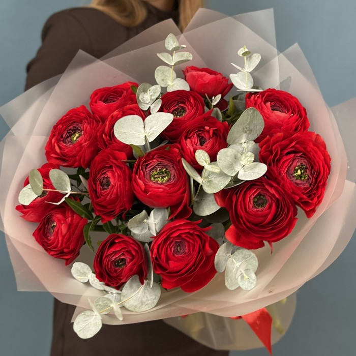 15 пышных красных Ранункулюсов с эвкалиптом