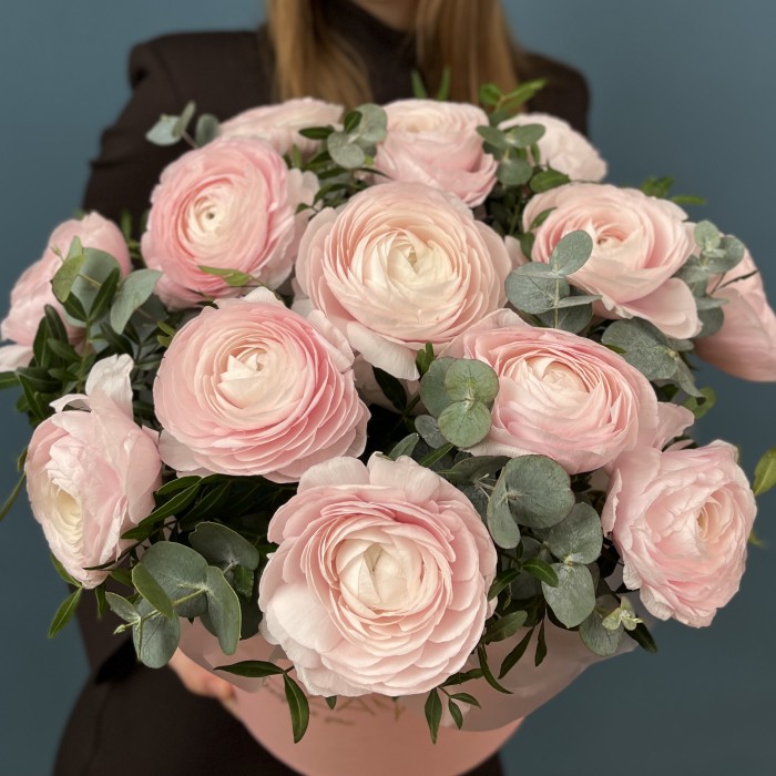 15 пышных розовых Ранункулюсов с эвкалиптом в коробке