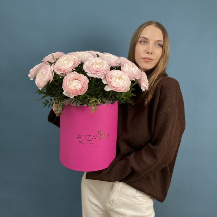 25 пышных розовых ранункулюсов в коробке