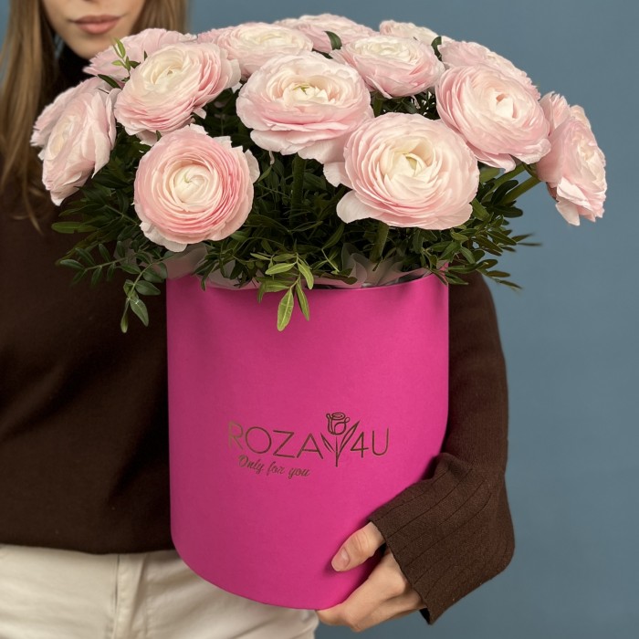 25 пышных розовых ранункулюсов в коробке