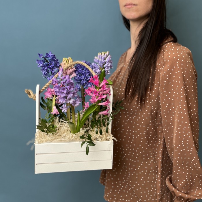 7 гиацинтов в деревянном кашпо