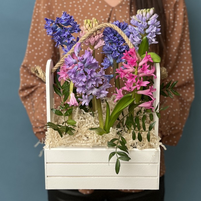 7 гиацинтов в деревянном кашпо