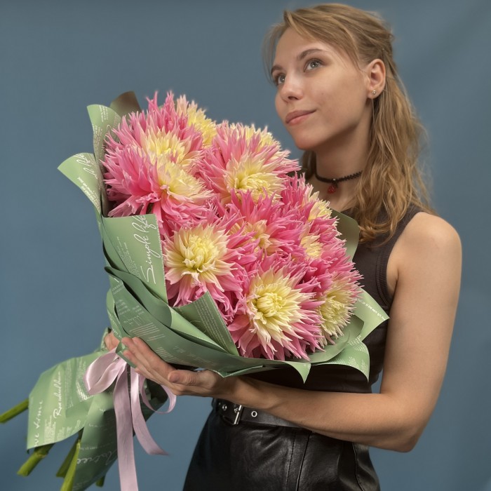 11 розово-желтых игольчатых георгин Джаст Меррид