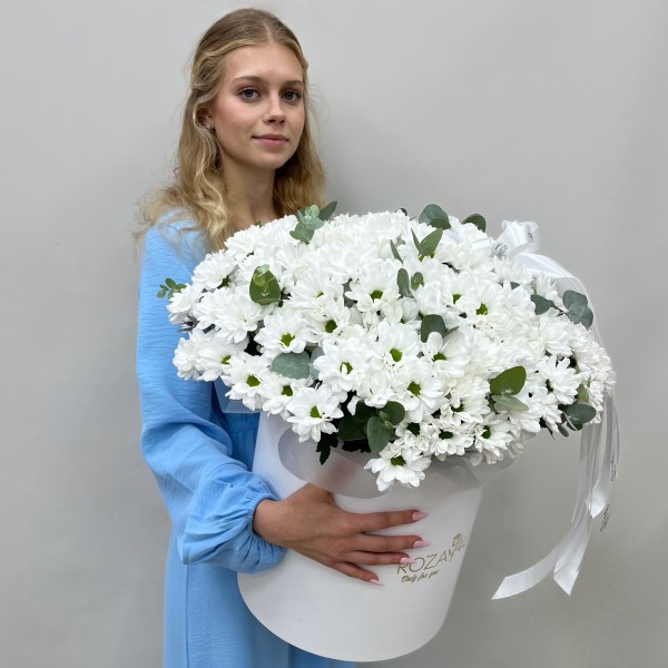 29 белых кустовых хризантем Бакарди в коробке