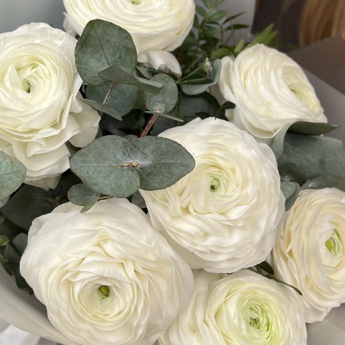 7 пышных белых ранункулюса с эвкалиптом