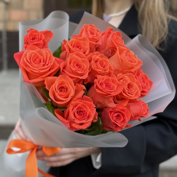 15 оранжевых роз Вау 50 см