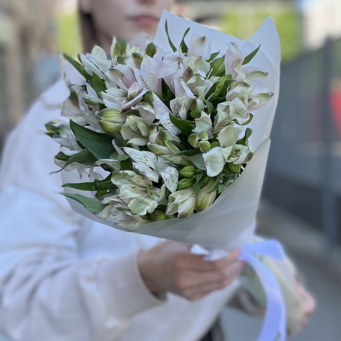 Букет из 9 бело-фиолетовых альстромерий