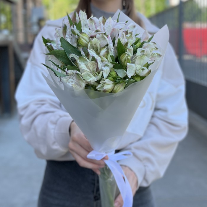 Букет из 9 бело-фиолетовых альстромерий