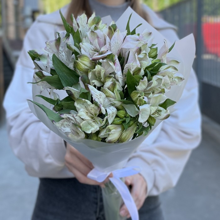 Букет из 9 бело-фиолетовых альстромерий