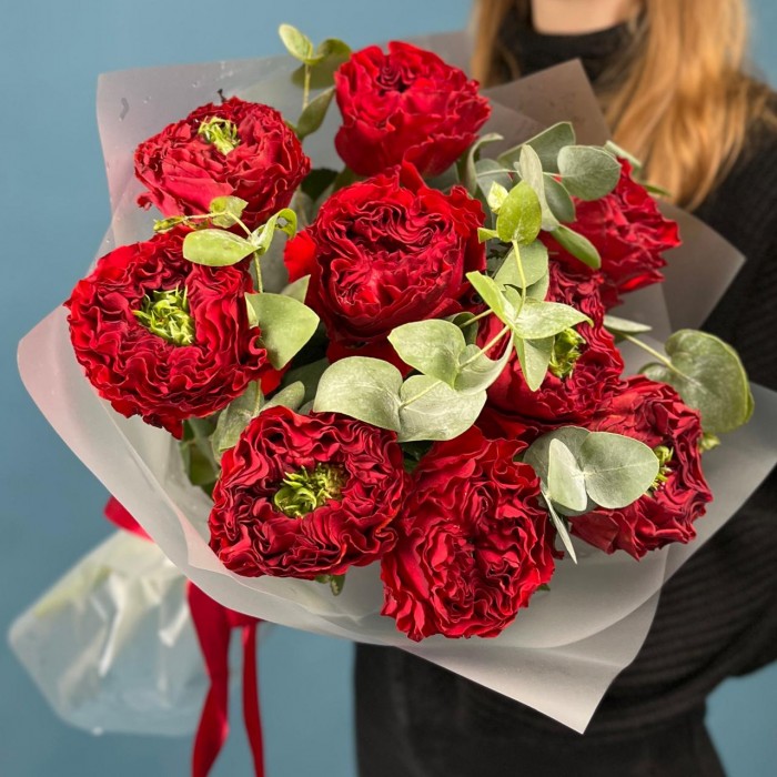 9 красных пионовидных роз Ред монстер 50 см с эвкалиптом