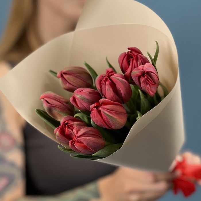 9 красных пионовидных тюльпанов Ред Принц